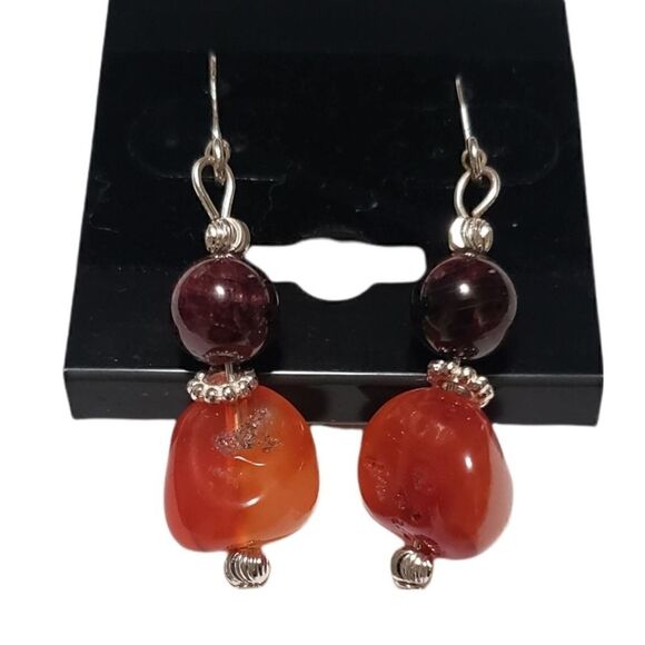 Earrings Handmade with Garnet and Carnelian on Silver Plated findings - Picture 2 of 4